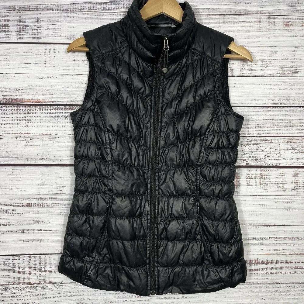 ATHLETA Womens Puffer Vest Black Full Zip Goose Down Sz S Packable Activewear